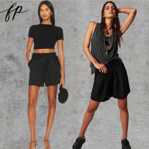 NWOT FREE PEOPLE Calla Pleated Linen Blend Trouser Black Noir Shorts Women’s 2 - Picture 11 of 11